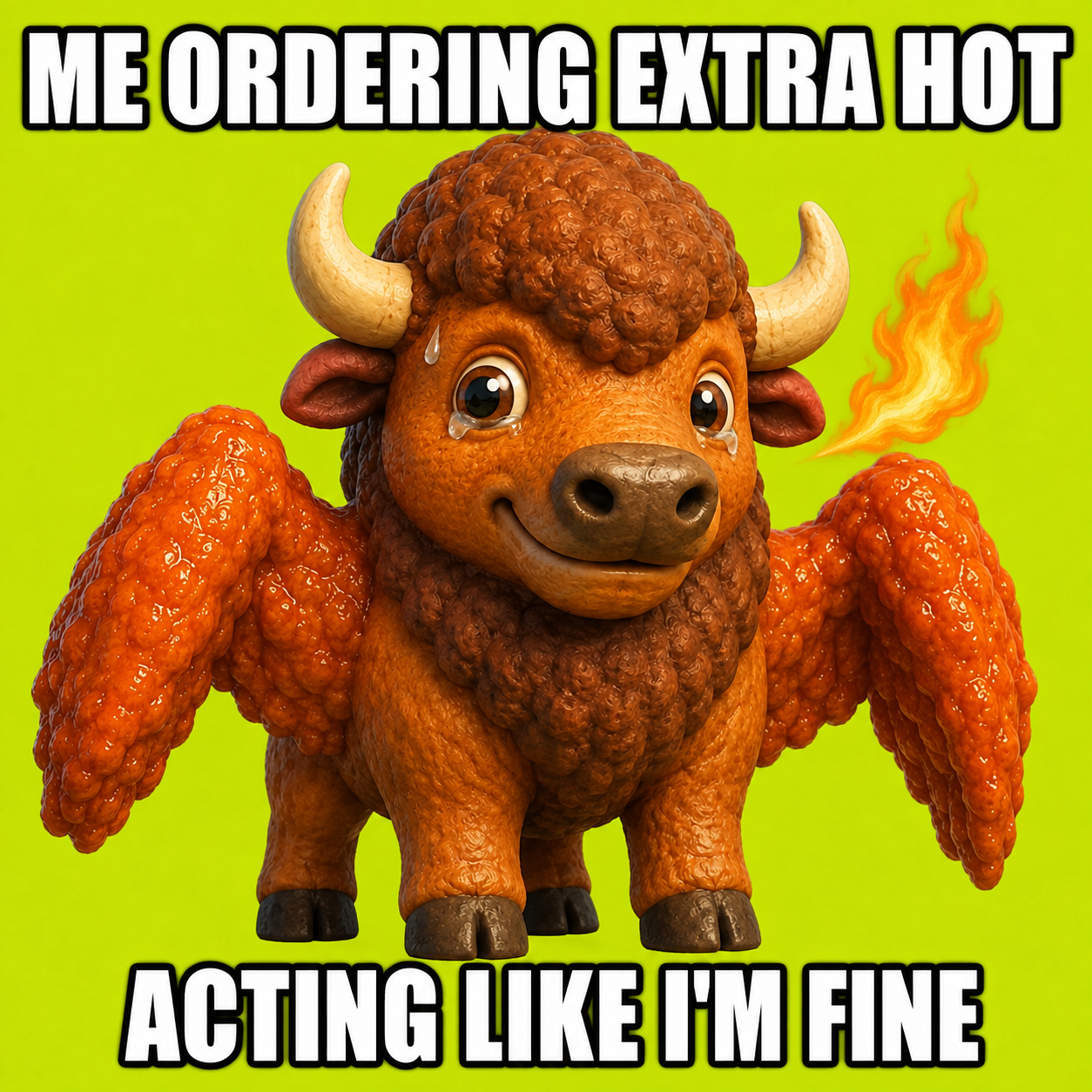 Sweating buffalo mascot with flames — me ordering extra hot, acting like I'm fine