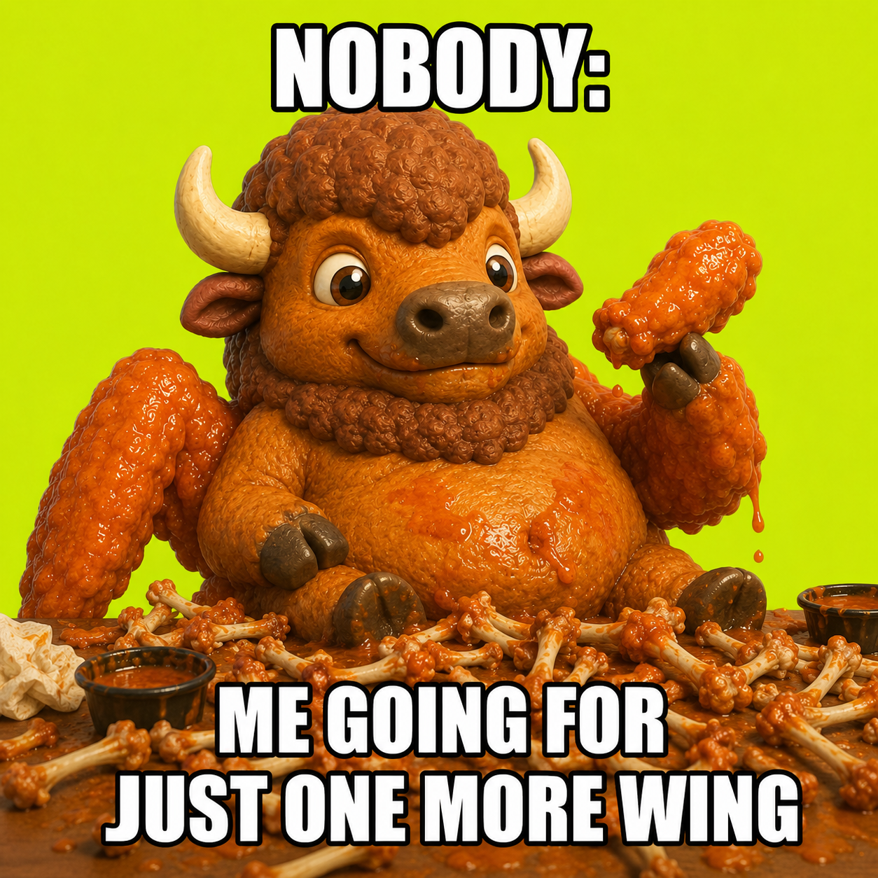 Full buffalo mascot surrounded by bones — nobody: me going for just one more wing