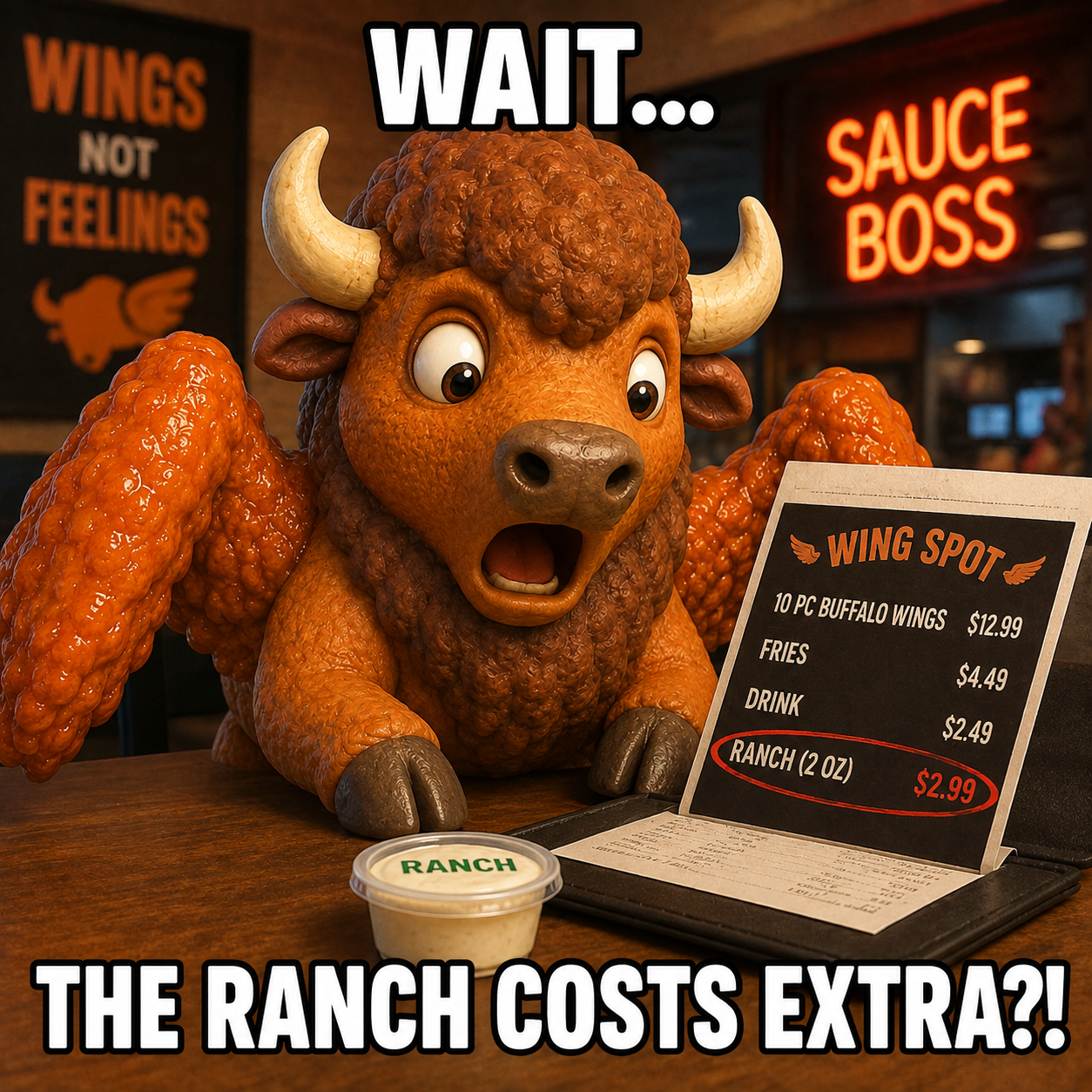 Shocked buffalo mascot reading a menu — wait, the ranch costs extra?!