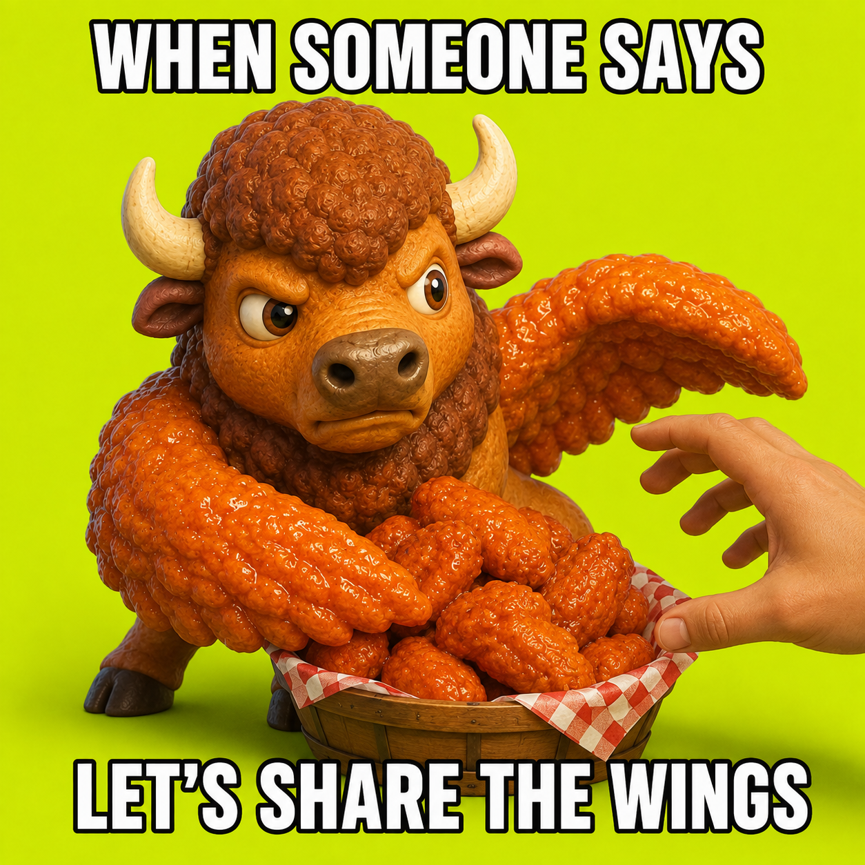Buffalo mascot guarding a basket of wings — when someone says let's share the wings