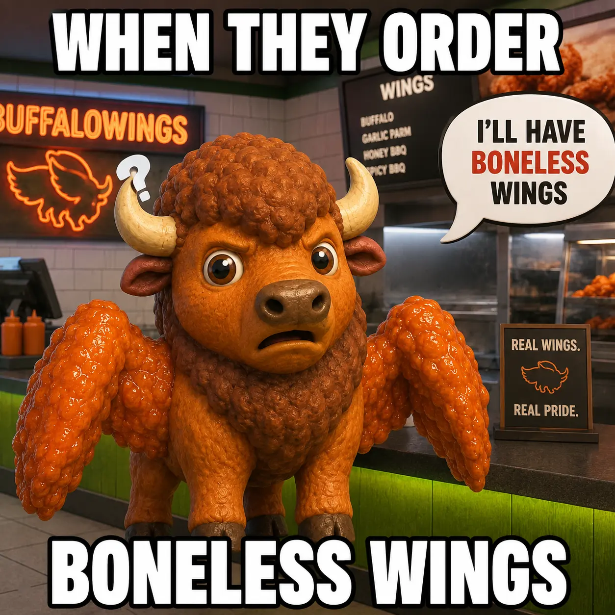 Confused buffalo mascot at a wing counter — when they order boneless wings