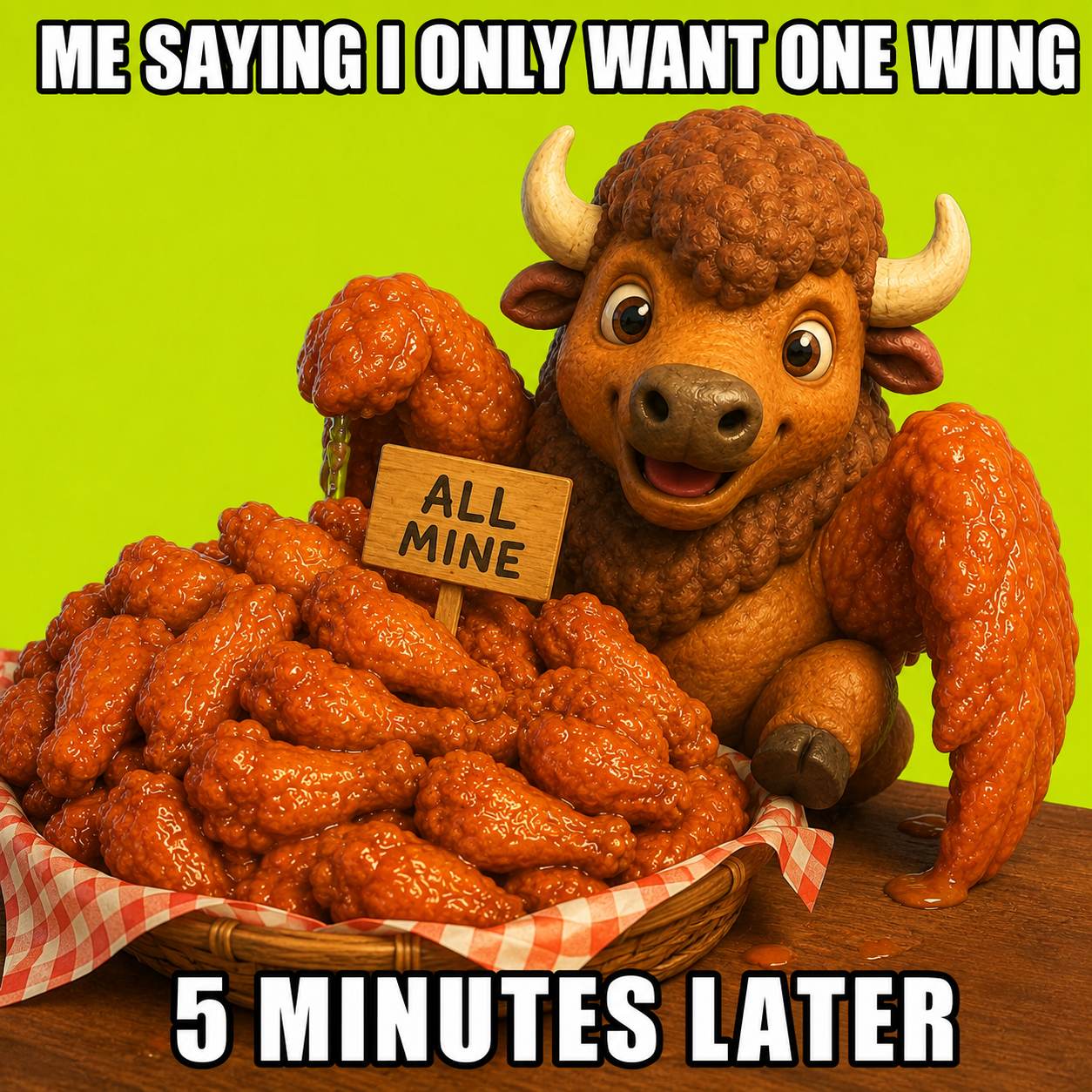 Buffalo mascot with a huge basket of wings — me saying I only want one wing, 5 minutes later